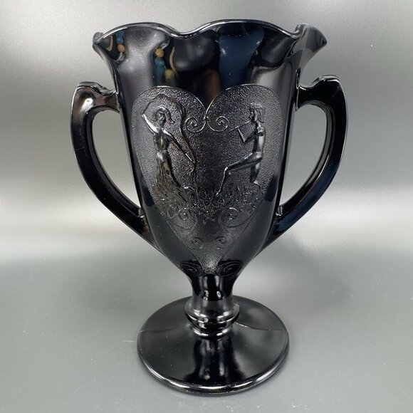 L E Smith Black Amethyst Glass Dancing Nymphs Trophy Glass Vase Etched Vintage - Picture 12 of 14